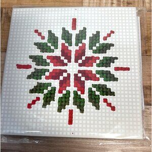 Christmas Cross Stitch Canvas Kit With Red & Green Yarn And Snowflake Pattern